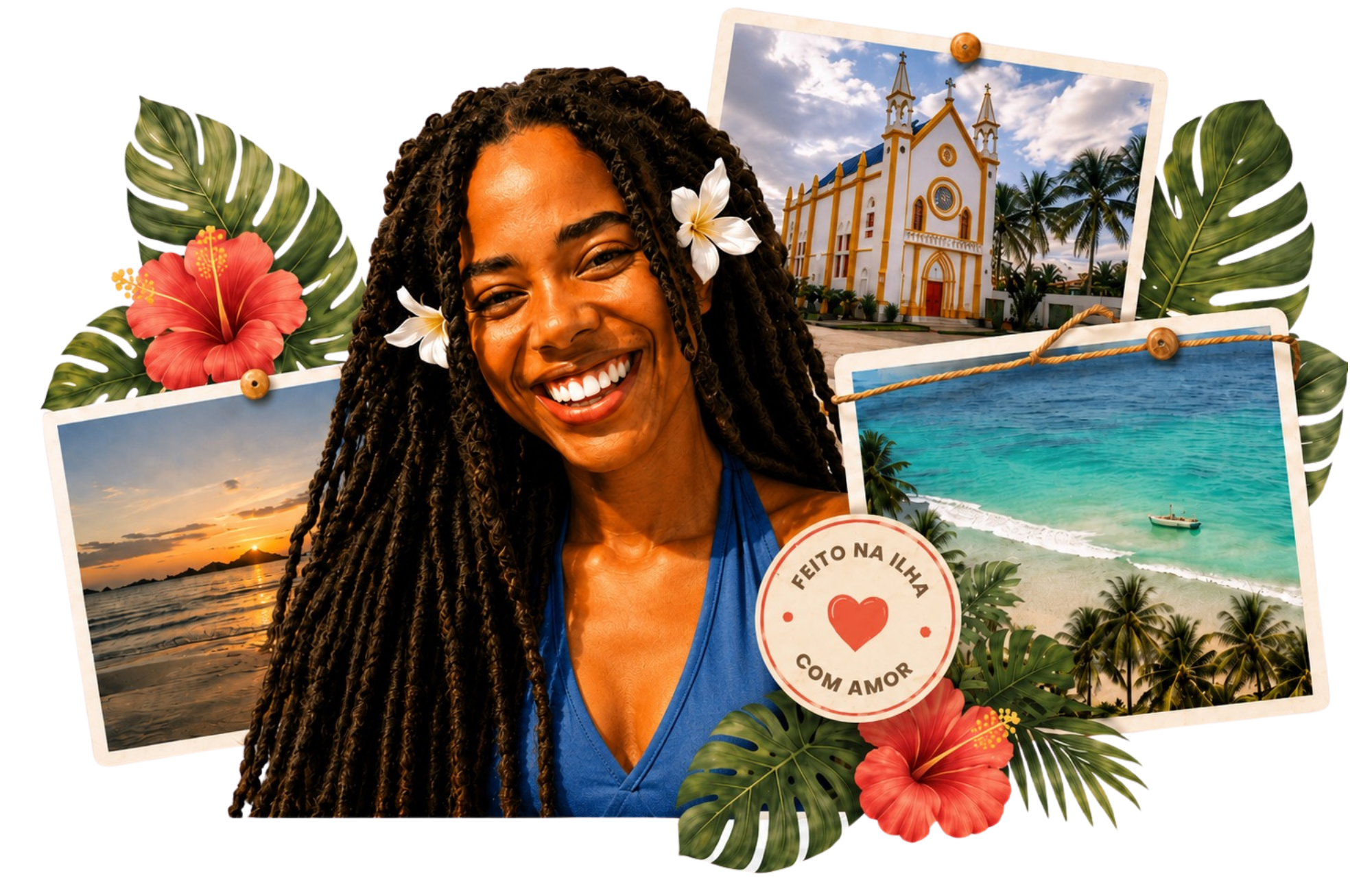 Moça da Ilha sorrindo entre fotos da ilha, flores tropicais e paisagens de Itaparica