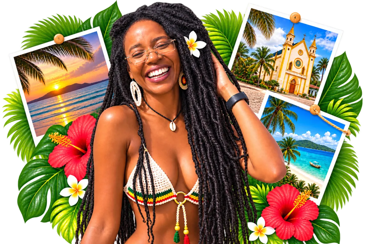Moça da Ilha sorrindo entre fotos da ilha, flores tropicais e folhagens